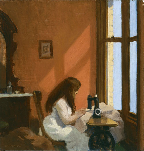 Hopper, Muchacha cosiendo a máquina, 1921-22, óleo sobre lienzo, 48x46cm.Museo Thyssen. El autor ya con estilo consolidado nos muestra un interior doméstico y el trabajo concentrado con reminiscencias a escuela holandesa.