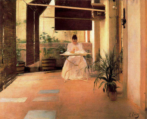 Ramón Casas.Patio.1889.Interesado en la captación de espacios como patios, galerias, pintó el patio de su casa familiar,amplio espacio de luz filtrada por toldos creando atmósfera nacarada.