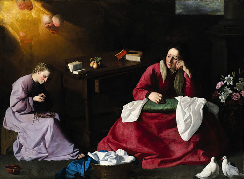 La casa de Nazaret,1644.Madrid . Fondo cultural Villar Mir.Francisco Zurbarán.1644.Esta iconografía original de Jesus adolescente, se pincha un dedo mientras trenza la guirnalda de zarza, rompe el presagio de María y derrama una lágrima.