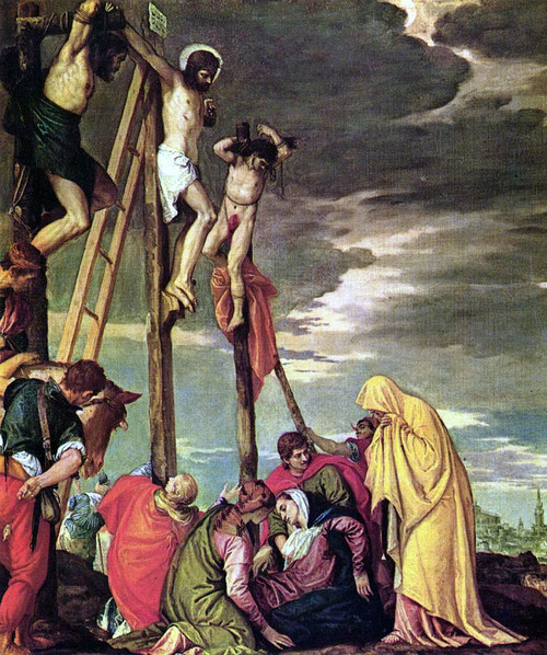 Paolo Veronese, La Crucifixión 1575.. París, Musée du Louvre. Formaba parte de la colección de Luis XIV ya en 1662. Cambia el punto de vista lateral del ladrón y una mujer tapada completamente de amarillo, al fondo la vista de Jerusalen el cielo oscurece.