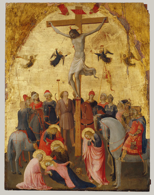 La Crucifixión del Metropolitan Museum de Nueva York 1418.Soldados romanos a caballo rodean a Cristo,la sangre mana del costado de Cristo y la Virgen es atendida por las mujeres. Encargada por un fraile de Sta Maria Novella. Madera policromada