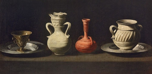 Zurbarán.Bodegón con cacharros,1650-55.Museo Nacional de Arte.Cataluña.Considerado un género menor frente a pintura religiosa.Hay dos ejemplares, el otro 2cm mayor pertenece al M.Prado.