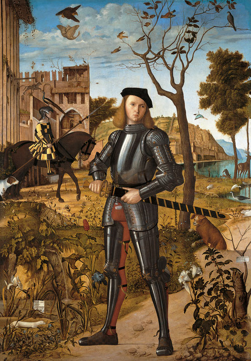 Vittore Carpaccio.Joven caballero con un paisaje,1505.Óleo sobre lienzo 218x151cm.Museo Thyssen.Iconografia identitaria en relación al "cartellino" que lleva firma y fecha y su riquísima lectura simbólica "Antes morir que contaminarse" inscrito en latín.