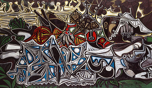 Picasso eligió  soporte contrachapado con anchura similar a la obra de Coubert.La composición se aplasta sobre las figuras de un modo acusado,ocupando casi todo el espacio disponible,flanqueadas por el curso del rio ,llegando al límite de la abstracción.