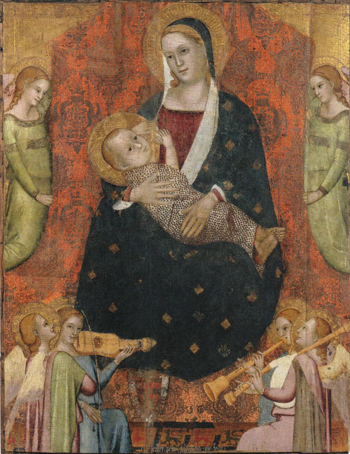 Pedro de Córdoba.Virgen con Niño y Ángeles músicos.1360-70.Temple sobre tabla.120x94cm.San Petersburgo, Museo de Hermitage.