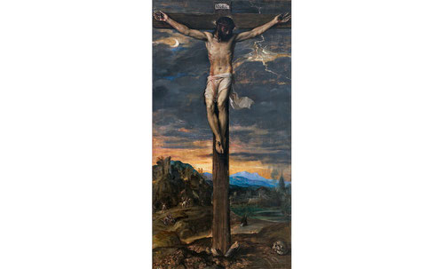 Tiziano. Cristo Crucificado 1565. Óleo sobre lienzo. Colecciones Reales de Patrimonio Nacional.Define al crucificado como una visión místics absolutamente ajena a lo terrenal y vinculada a la luz de la luna y los relámpagos.