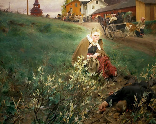 Mercado de Mora.Óleo sobre lienzo. 1892. Municipalidad de Mora.Visión ancestral tradicional nórdica del pastoreo estival de montaña y el mercado de Mora.