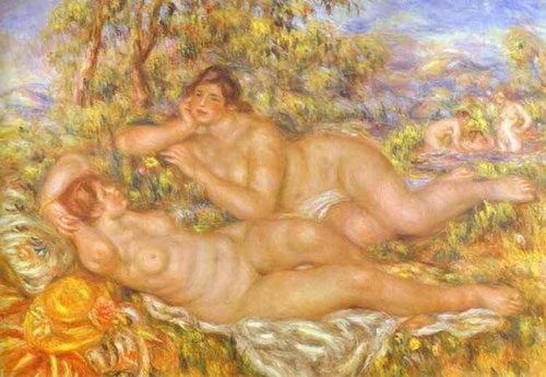 August e Renoir.Les Baigneuses.1918-19.110x160cm. Composición ambiciosa que recuerda a los grandes pintores venecianos del SXVI...Funde paisaje,naturaleza,luz y calidez.