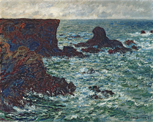 Claude Monet. Roca del León,rocas de Belle-Îlle 1886.Óleo sobre lienzo 65x81cm.Des Moines Art Center.Algunos las llaman "marinas neorománticas" por el protagonismo cedido a la costa salvaje,pincelada nerviosa,vibrante y expresiva.