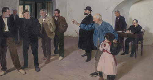 Antonio Fillol.El sátiro 1906.La crudeza del argumento fue incidente de censura artística:el venerable anciano abuelo lanza el dedo acusador al pedófilo mientras resguarda a la nieta, dos grupos separados ante los apáticos ojos judiciales, vergüenza!