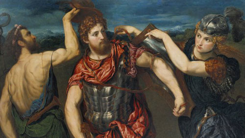 Paris Bordone.Perseo armado por Mercurio y Minerva.1545.Óleo sobre lienzo.Museo de Arte de Birmingham. Todo un sistema de reglas sociales, con los atributos de la magnificiencia, articulado en héroes que rozan lo divino.