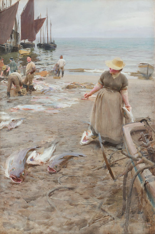 Mercado de pescado en St Ives, 1888. Acuarela sobre papel. 100x76cm. Colección particular. En primer término una mujer con un gran pescado en la mano izquierda con un fondo de mar y barcas fondean.