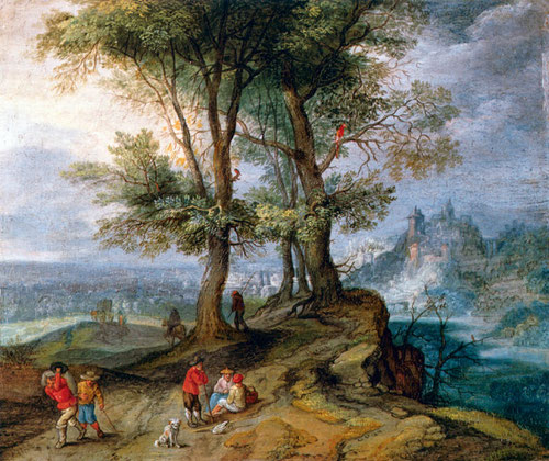 Jan Brueghel el Joven.Campesinos regresando del mercado.1630.Óleo sobre cobre montado sobre tabla.12x15cm. Colección privada.