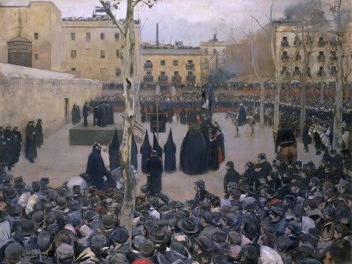 Ramón Casas.Garrote vil.1894.Uno de los mejores ejemplos de crónica gráfica truculenta de la ejecución del reo en público, acontecimiento morboso que no se recrea en lo dinámico sino en lo estático, congela un instante.