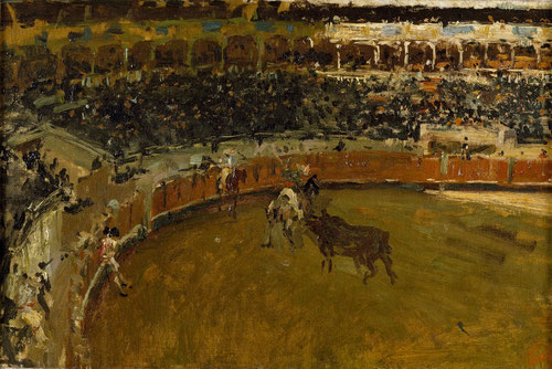 Corrida de toros, hacia 1867.Óleo sobre lienzo.Museo del Prado. Dentro de la rica y sugerente iconografía taurina,mostró interés por la embestida del caballo, así como por la figura del picador.