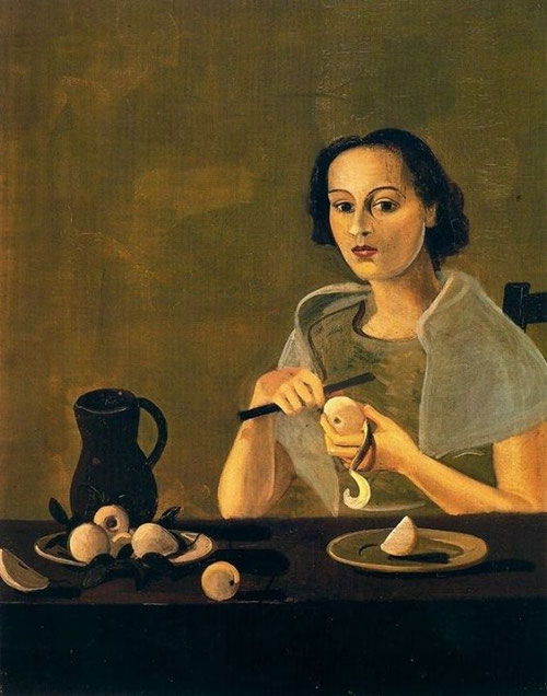 André Derain Jeune femme pelant une pomme.1938.Óleo sobre lienzo 92x73cm.Colección Allbright-Knox Art Gallery Búfalo Nueva York. Esta obra icónica de "vidas silenciosas" proclama tras la Primera Guerra Mundial una vuelta en toda Europa a un orden aparente