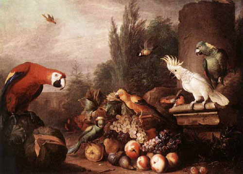 Jakab Bogdány.Bodegón de frutas 1710. Pájaros exóticos con coloridos plumajes y desordenados grupos de frutas.Suele tener un lejano fondo de paisaje y algún elemento arquitectónico. La mayor parte de su obra se encuentra en Inglaterra decorando castillos 