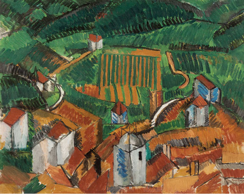 Dufy, Paisaje de Vence1908.Museo de Arte Moderno de Paris. Paisaje austero en su arquitectura, campos roturados de una aldea francesa se convierten en motivo ondulante a vista de pájaro.. La eterna oposición naturaleza-cultura.Líneas de trazo cubistas.