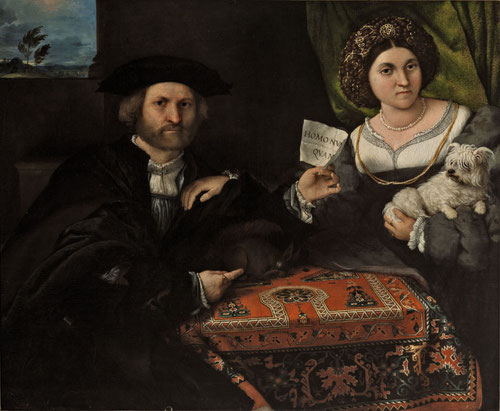 Retrato de un matrimonio 1523.Óleo 96x116cm.San Petersburgo,The Hermitage.Matrimonio de mediana edad nos mira intensamente,él sostiene un pergamino con la mano izquierda "Homo Nunquam"al tiempo señala una ardilla dormida entre ambos,alfombra de anatolia 