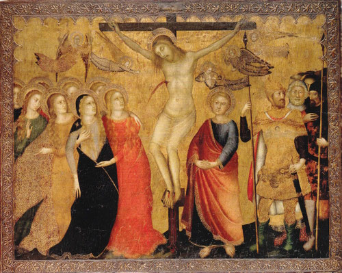 Maestro de Pedralbes, antes llamado Maestro de la Cruz de Mombaroccio.Crucifixión 1350. Temple y pan de oro sobre tabla. Oviedo,Museo Bellas Artes de Asturias, Colección Pedro Masaveu.
