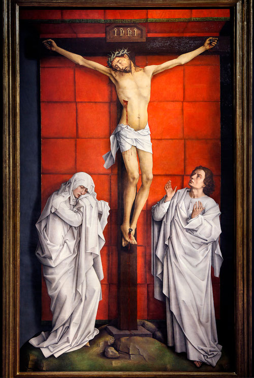 Rogier van der Weyden.El Calvario,1457-64.Óleo sobre tabla de roble,323x192cm.Patrimonio Nacional.Real Monasterio de S. Lorenzo del Escorial.Según inventario procede de la Cartuja de Scheut,cerca de Bruselas.Gran sensibilidad para el tratamiento de formas