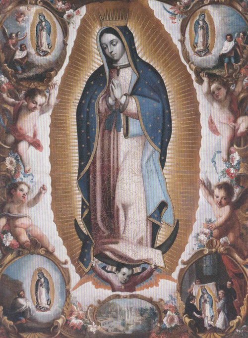 Atribuido a José Ibarra. Virgen de Guadalupe con las 4 apariciones 1740.Óleo sobre lienzo, 200x155cm.El Puerto de Santa María, Basílica de Nuestra Señora de los Milagros.