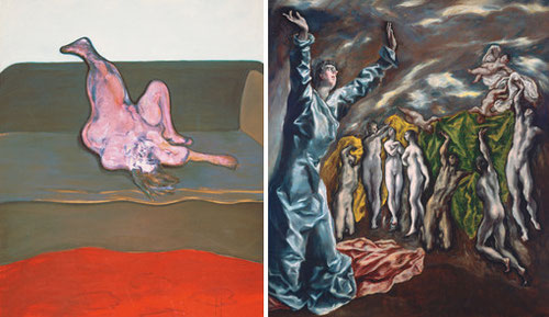 FRANCIS BACON(1909-1992) converge características en su obra como pasión,angustia,vitalidad... no muy lejos del Greco este desnudo tumbado:Mujer tumbada 1963.