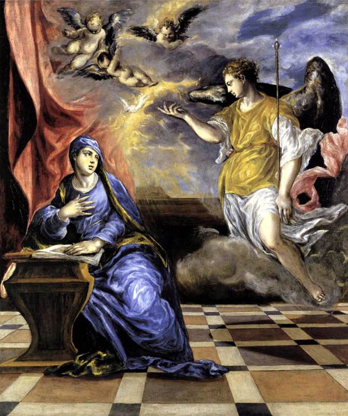 La Anunciación.Greco,1576,Museo Thyssen.117cmx98cm.Escenario sencillo que sirve de marco para la Virgen a la izquierda en su reclinatorio,quien recibe la visita del arcangel con referencias al Veronés.La luz y el color muestran la admiración por Tiziano.