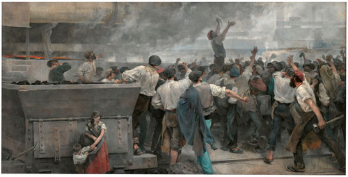 Vicente Cutanda. Una huelga de obreros en Vizcaya.1892. Originada por el despido de 5 obreros de la empresa el 13 de mayo de 1890 por su participación en el Dia del Trabajador, justo estallido de un conflicto, todavía hoy, no resuelto.. 
