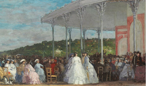 Eugène Boudin.Concierto en el casino de Deaville 1865.Òleo sobre lienzo.41x73cm.Natinal Gallery of Art.Washington.Entre la multitud representa tres reinas de la moda,la princesa Paulineen actitud elegante.El casino inaugurado en 1864 por el duque de Morny