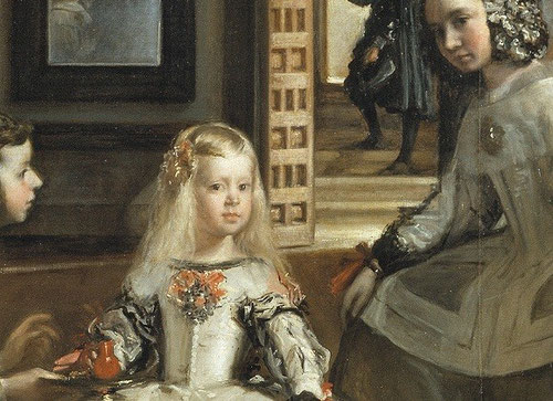 Detalle de las Meninas,la infanta Margarita hija de Felipe IV aparece acompañada porAgustina de Sarmiento e Isabel de Velasco.Tras la puerta el aposentador real.Obra compleja de prodigiosa composición y profundidad.Perspectiva lineal y aérea.Doble lectura