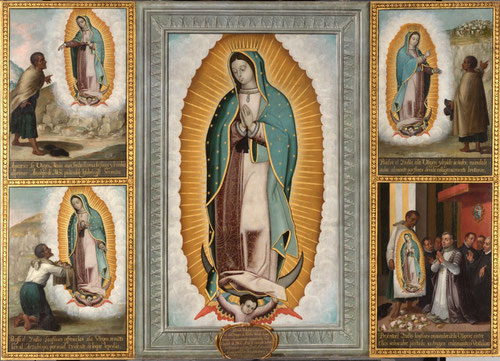 José Juarez. Imagen y apariciones de Nuestra Señora de Guadalupe,1656.Óleo sobre lienzo.210x295cm.Ágreda,Soria.Monasterio de sor María de Jesús de Ágreda.Fue la monja Francisca Ruiz de Valdivieso quien al profesar en clausura lo  trajo consigo de Méjico.