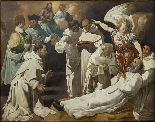 La muerte de S.Pedro Nolasco,1634.Juan Luis Zambrano.Catedral de Sevilla. Posiblemente llegaron desamortizados.El monje moribundo rodeado de varios religiosos en brazos de un novicio,aunque según críticos falta fuerza y espíritu narrativo como al maestro.