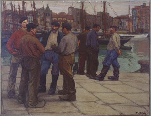 Nicanor Piñole.1906.Marineros en el Puerto de Gijón. Uno de los principales del Cantábrico a partir de 1884.Propone actitud estática de la figuras en oposición a las más activas, realizó el encargo para el Casino de Gijón.