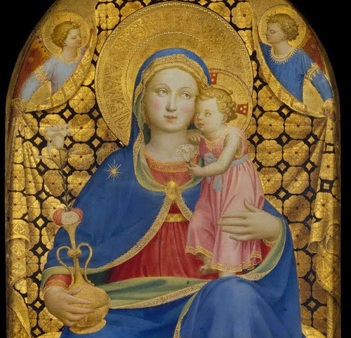 La Madonna de la Humildad es sin duda una de las mas cautivadoras de Fra Angelico,representa un tipo popular sentada en almohadon y acompañada por ángeles que tocan diferentes instrumentos,en este caso Ella tiene en su mano el jarrón con rosas y azucenas.