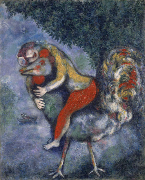 Marc Chagall,El gallo 1929.Museo Thyssen.Composición directamente relacionada con la ilustración de Fábulas de Fontaine, adecuadas a la fantasía e ironía. El gallo tenía un significado simbólico, desde antiguo en ritos relig.personific.el sol y fuego.