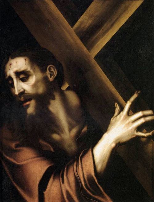 Cristo con la cruz a cuestas 1567,óleo sobre tabla 81x62cm,Colegio del Seminario de Valencia. Su producción devocional estuvo muy influida por maestros italianos como Sebastiano di Pombo.