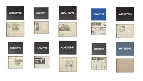 On Kawara. Mas de 3000 Fechas registran los detalles, el color y el periódico, el titular de la pintura,mientras que el calendario utiliza puntos de colores para indicar los días en que han llevado a la pintura, y para registrar el número de días.