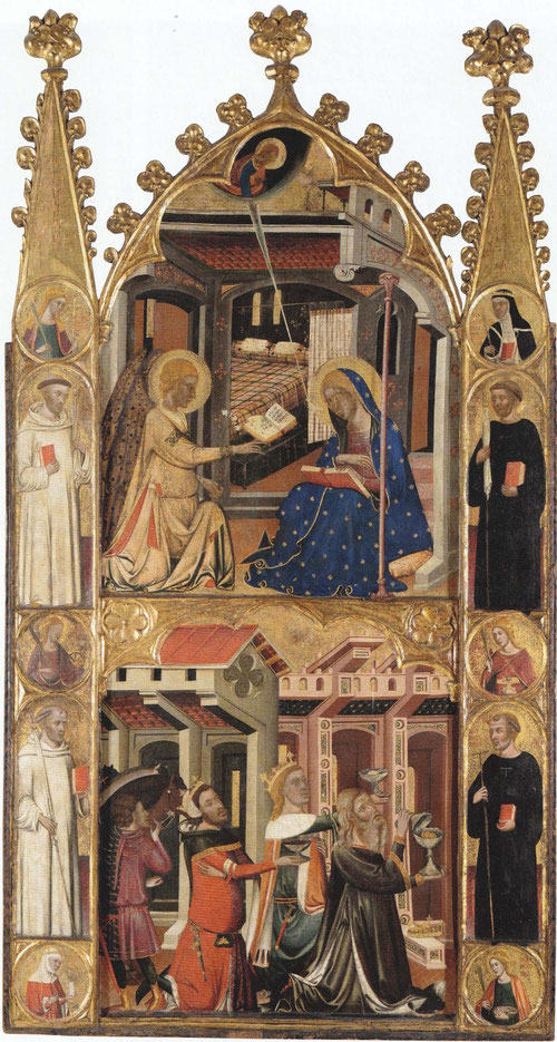 Arnau Bassa.Anunciación, reyes de la Epifanía y santos.Procedente de la Colegiata del retablo de la Colegiata de San Vicente de Cardona. Temple y pan de oro sobre tabla,282x151cm.Museo de Arte de Cataluña.El carácter cortesano de la tabla es evidente.
