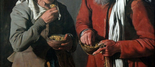 Comedores de guisantes,óleo sobre lienzo,74x87cm.Museo de Berlin.Pareja de indegentes con piel curtida pertenece a su primera etapa,representados con solemne dignidad mientras toman su frugal comida.