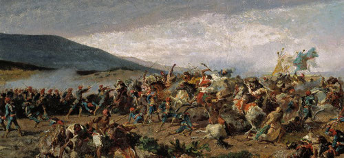 Batalla de Wad-Ras.Episodio de la Guerra de África..1860.Óleo sobre papel pegado a cartón.54x185cm.Museo del Prado.Presenció la batalla en primera persona.Aparece el momento heroico del enfrentamiento,las tropas españolas bajo el mando del General Echagüe