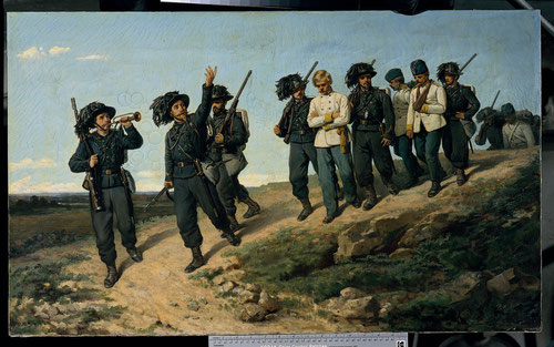 Silvestro Lega."Bersaglieri"llevando prisioneros austriacos. Palazzo Pitti.Florencia. Óleo sobre lienzo,57x95cm.