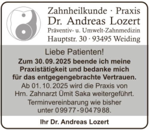 Zeitungsanzeige Praxisabgabe Dr. Andreas Lozert in 93495 Weiding
