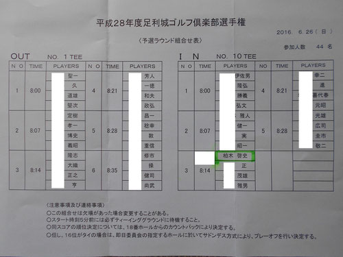 足利城ゴルフ倶楽部2016年倶楽部選手権予選組み合わせ