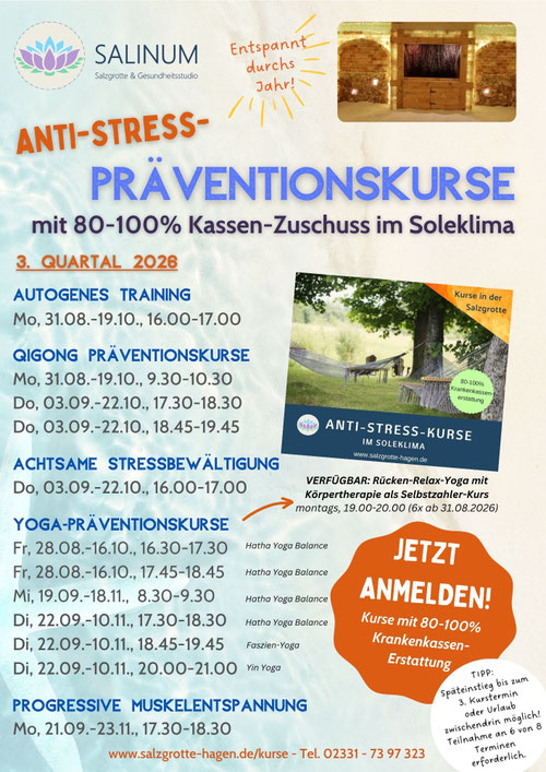 Kursplan: Präventionskurse mit Erstattung in der Salzgrotte Hagen