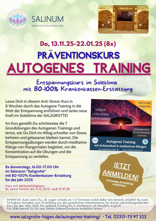 Präventionskurs Autogenes Training in der Salzgrotte Hagen – 8‑Wochen‑Kurs mit Krankenkassen-Zuschuss