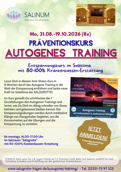 Präventionskurs Autogenes Training in der Salzgrotte Hagen – 8‑Wochen‑Kurs mit Krankenkassen-Zuschuss