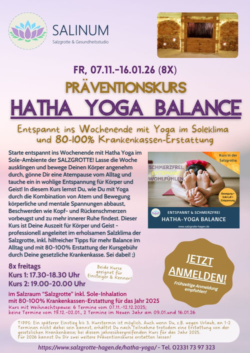 Präventionskurs Hatha Yoga in der Salzgrotte Hagen – 8‑Wochen‑Kurs mit Krankenkassen-Zuschuss