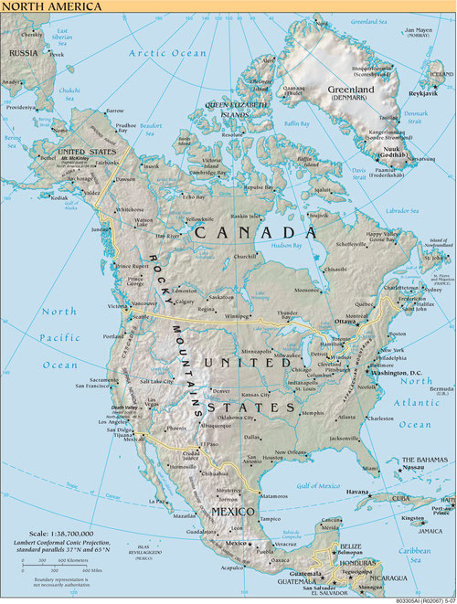 Physical & political map of North America (PD-US)