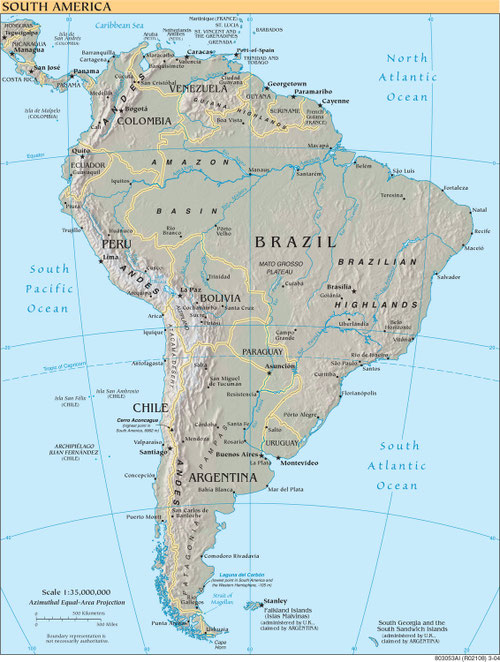 Physical & political map of South America (PD-US)